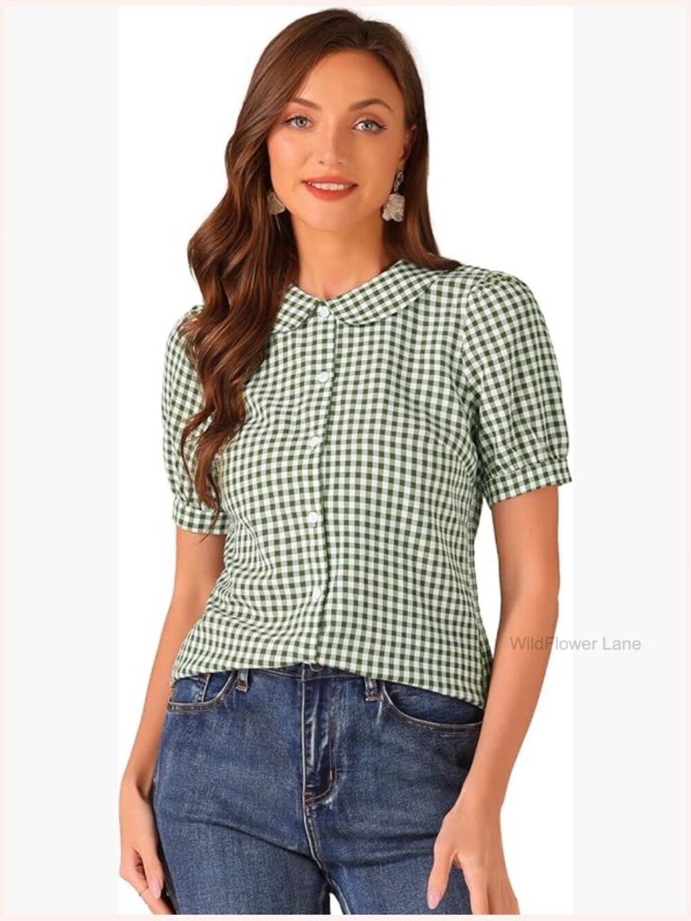 Peter Pan Collar Plaid Button Down Shirt Blouse Spring Summer Tops